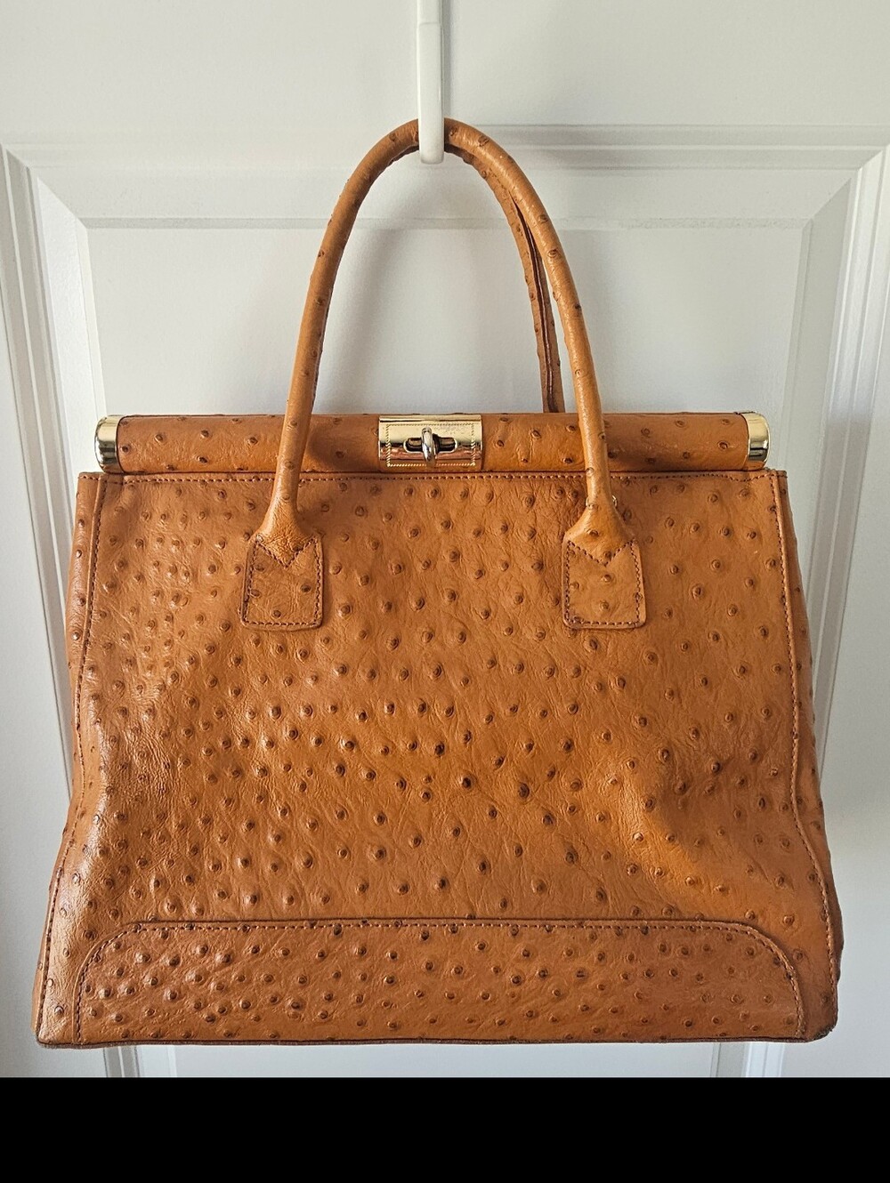 Cognac Ostrich-Texture Structured Leather Satchel